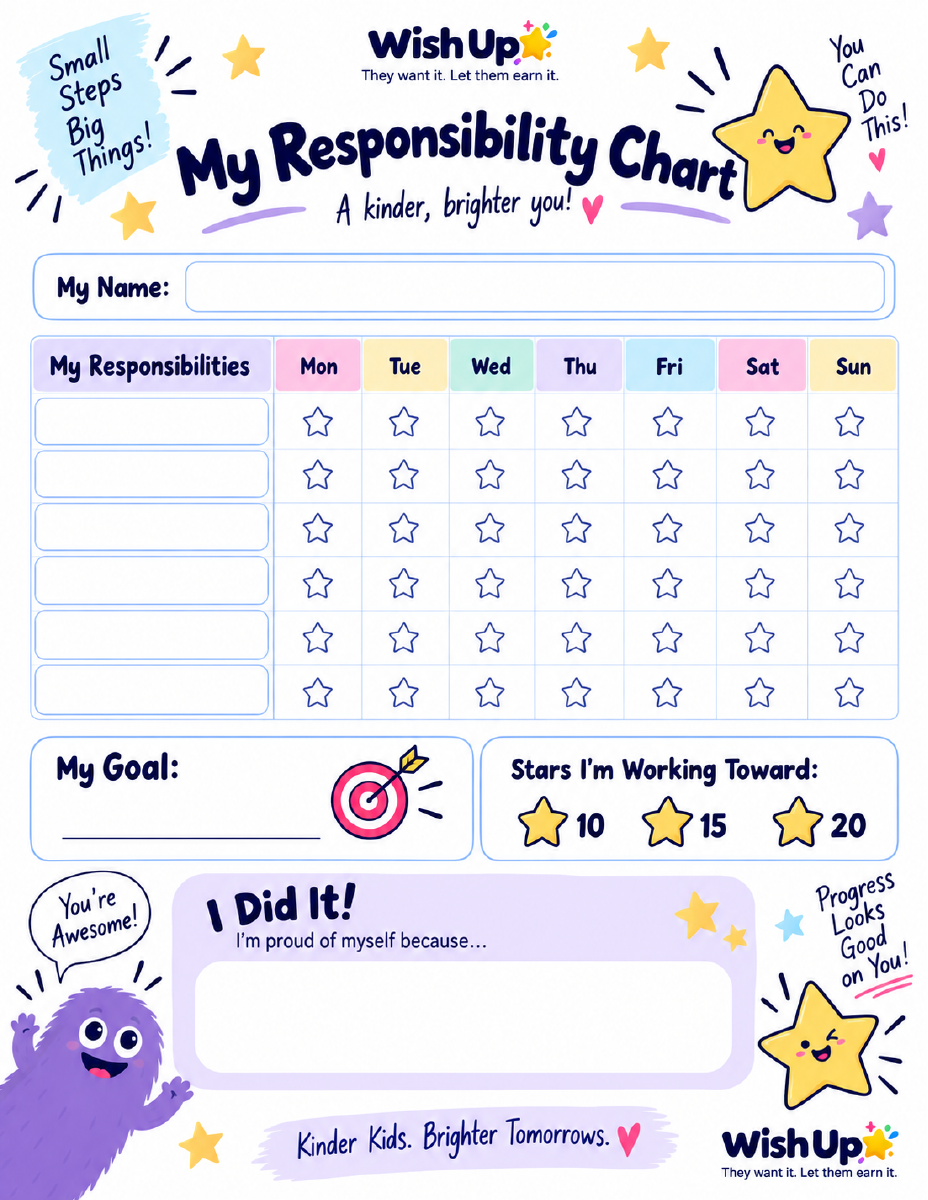 Preview of the Wish Up printable responsibility chart for kids