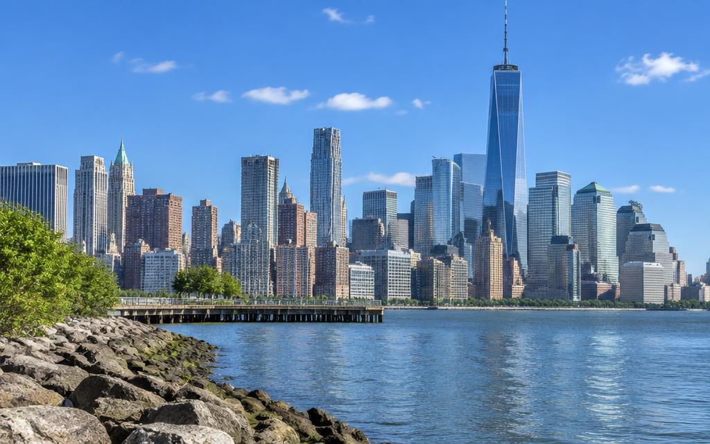 The New York City skyline seen across the water