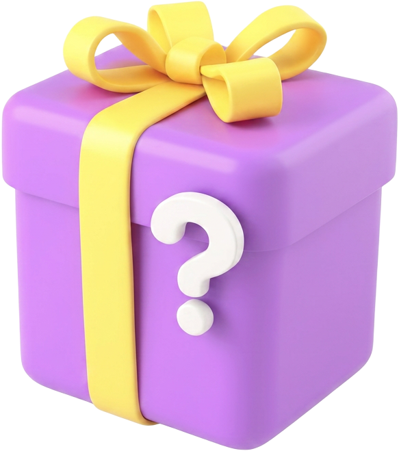 Purple 3D mystery gift box with a question mark, representing a child's Wish